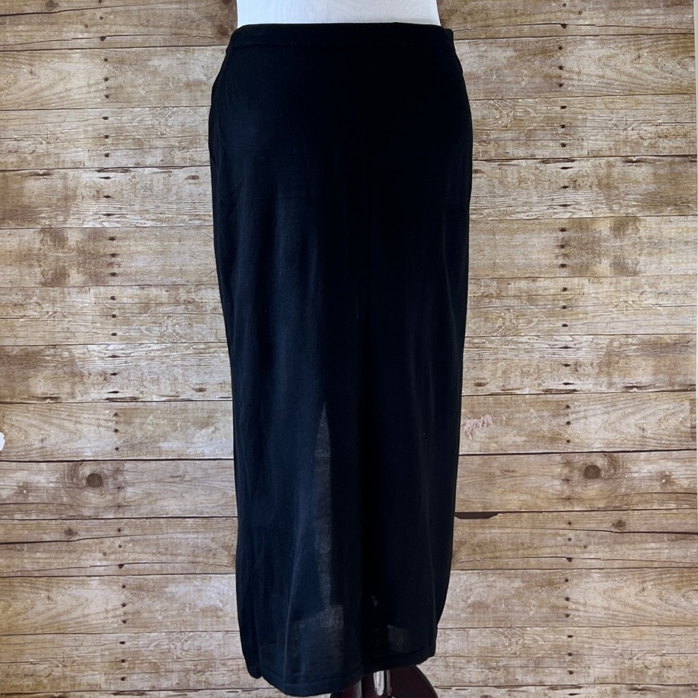 Joan Leslie Womens Black Knit Maxi Skirt Elastic Waist Back Vent Size L